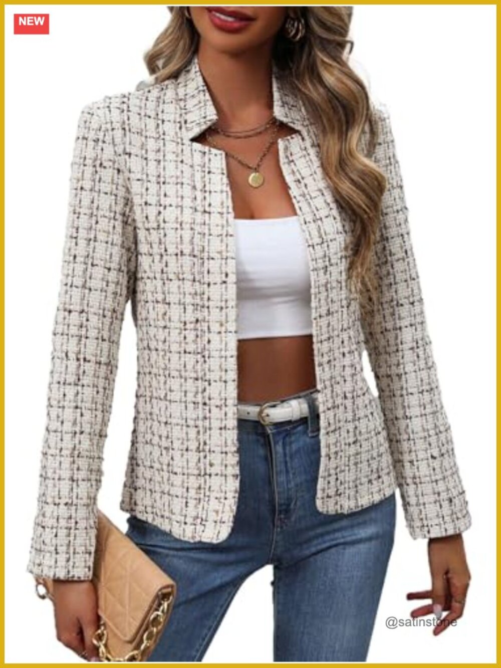 Women's Plaid Open Front Tweed Blazer Notched Lapel Fitted Jacket